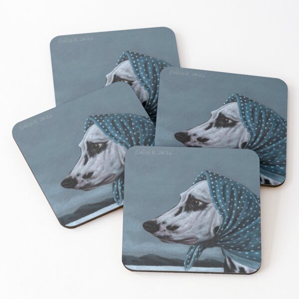 Item preview, A dog wearing Babushka gazes at the snowy landscape and distant mountains, feeling intensely homesick. designed and sold by EmilyDouArt.