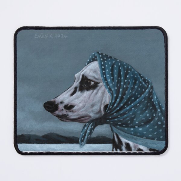 Item preview, A dog wearing Babushka gazes at the snowy landscape and distant mountains, feeling intensely homesick. designed and sold by EmilyDouArt.