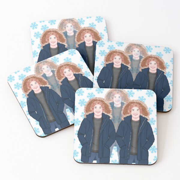 Item preview, A digital illustration featuring a figure with curly, reddish-brown hair wearing a dark blue parka with a fluffy fur-trimmed hood, repeated three times against a background of light blue snowflakes designed and sold by LSKY Art.