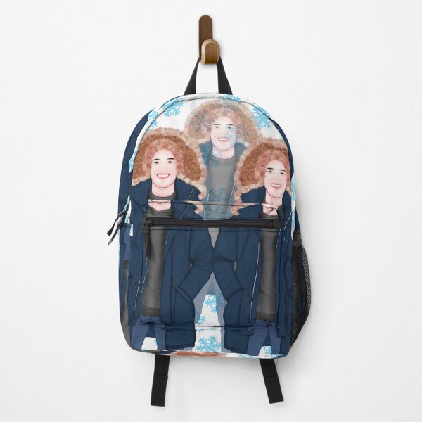 Item preview, A digital illustration featuring a figure with curly, reddish-brown hair wearing a dark blue parka with a fluffy fur-trimmed hood, repeated three times against a background of light blue snowflakes designed and sold by LSKY Art.