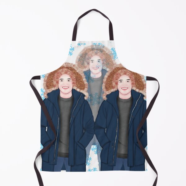 Item preview, A digital illustration featuring a figure with curly, reddish-brown hair wearing a dark blue parka with a fluffy fur-trimmed hood, repeated three times against a background of light blue snowflakes designed and sold by LSKY Art.