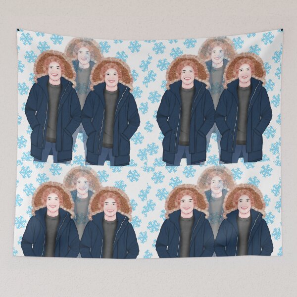 Item preview, A digital illustration featuring a figure with curly, reddish-brown hair wearing a dark blue parka with a fluffy fur-trimmed hood, repeated three times against a background of light blue snowflakes designed and sold by LSKY Art.