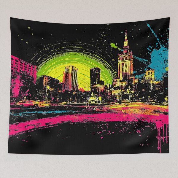 Item preview, Bucharest Romania Pop Art Skyline – Neon Splatter Cityscape Poster designed and sold by ArgentoArt.