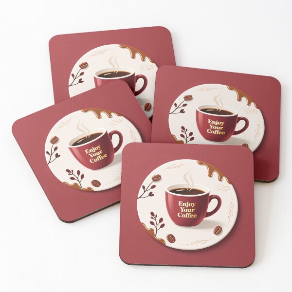Item preview, Cozy red coffee mug on creamy round coaster with coffee beans and flowing chocolate accents designed and sold by Mimoshi ⭐⭐⭐⭐⭐.