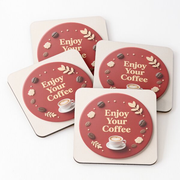 Item preview, Red circular coffee badge with latte cup beans leaves and minimal decorative elements for cozy design designed and sold by Mimoshi ⭐⭐⭐⭐⭐.