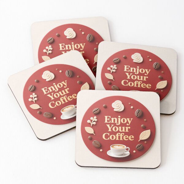Item preview, Red circular coffee badge with latte cup beans leaves and decorative elements for warm cozy design designed and sold by Mimoshi ⭐⭐⭐⭐⭐.