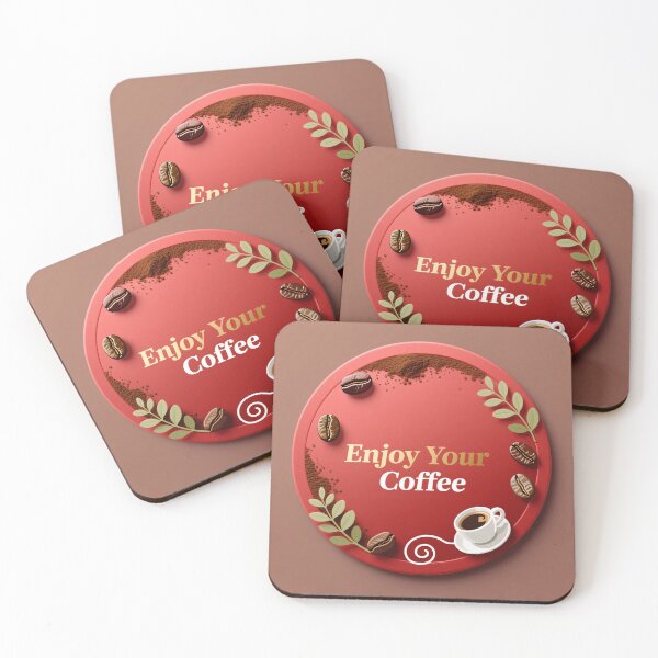 Item preview, Red coffee badge with beans leaves swirl art and small cup for warm cozy beverage design designed and sold by Mimoshi ⭐⭐⭐⭐⭐.