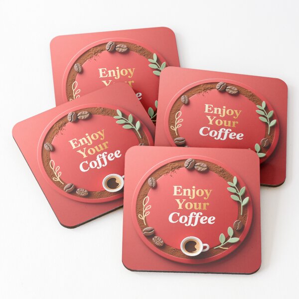 Item preview, Red coffee coaster with beans powder leaves and tiny cup creating warm cozy beverage themed design designed and sold by Mimoshi ⭐⭐⭐⭐⭐.