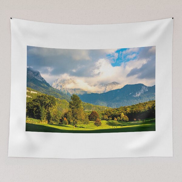 Item preview, Beautiful Golf Course with Tree and Mountain View with Blue Sky and Clouds in a Sunny Summer Day designed and sold by Mats Silvan.