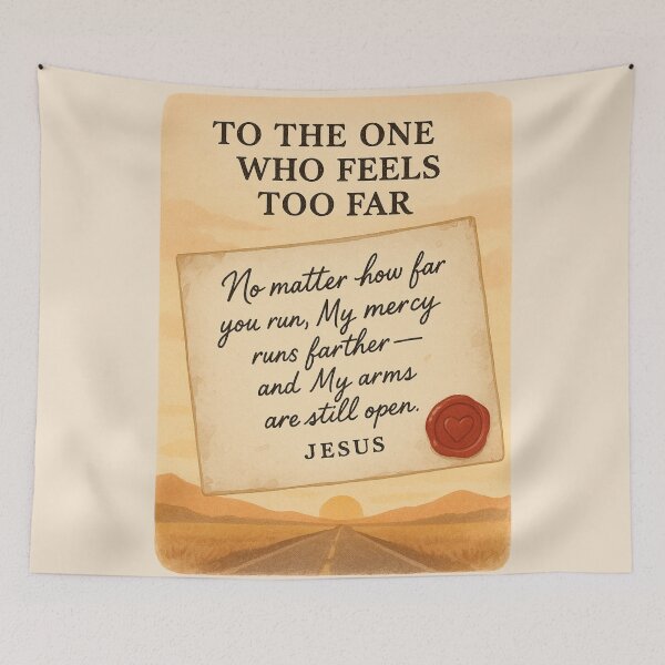 Item preview, To the One Who Feels Too Far – Jesus Mercy Letter Design in Warm Sunrise Tones designed and sold by astersgraphics.