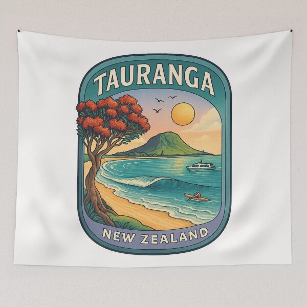 Item preview, Tauranga New Zealand with Pohutukawa Tree and Mount Maunganui designed and sold by Places On Earth.