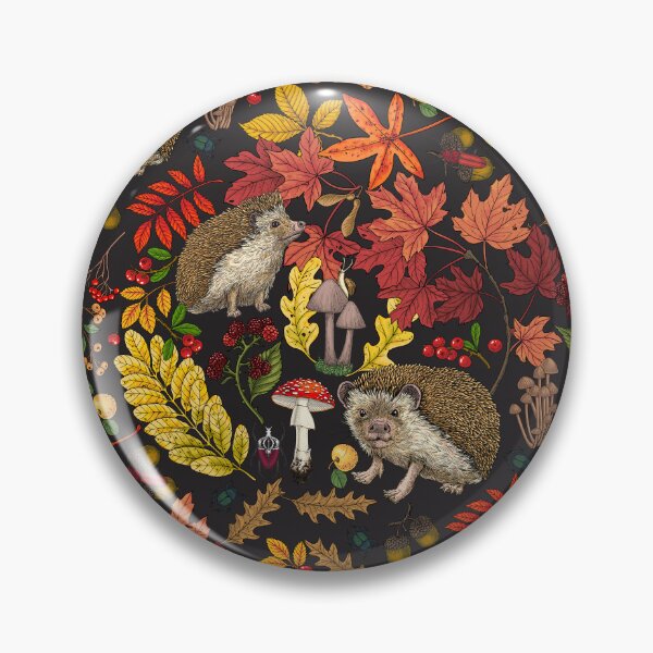 Item preview, Hedgehogs and autumn forest flora on black designed and sold by Katerina Mitkova Kirilova.