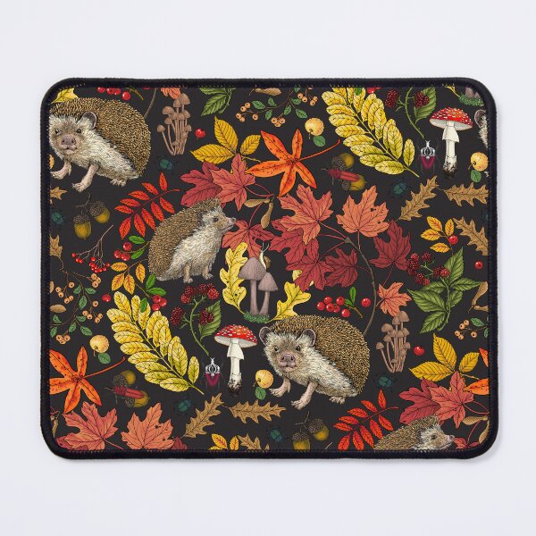 Item preview, Hedgehogs and autumn forest flora on black designed and sold by Katerina Mitkova Kirilova.
