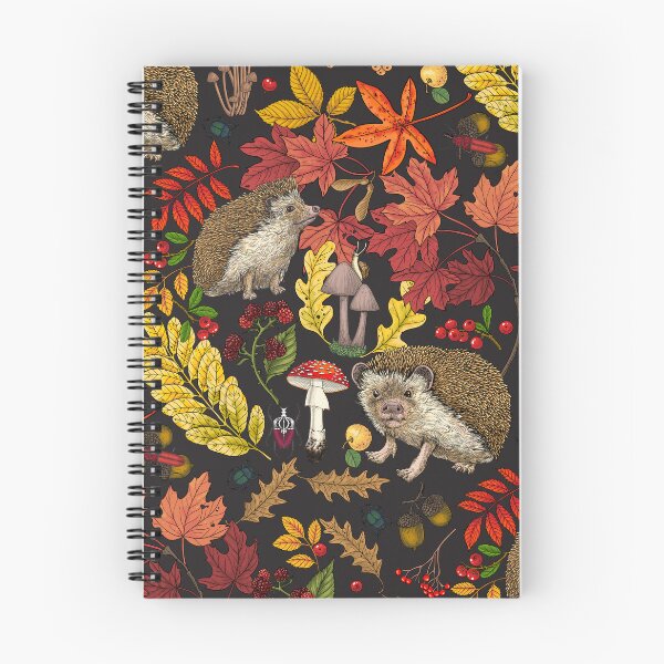 Item preview, Hedgehogs and autumn forest flora on black designed and sold by Katerina Mitkova Kirilova.