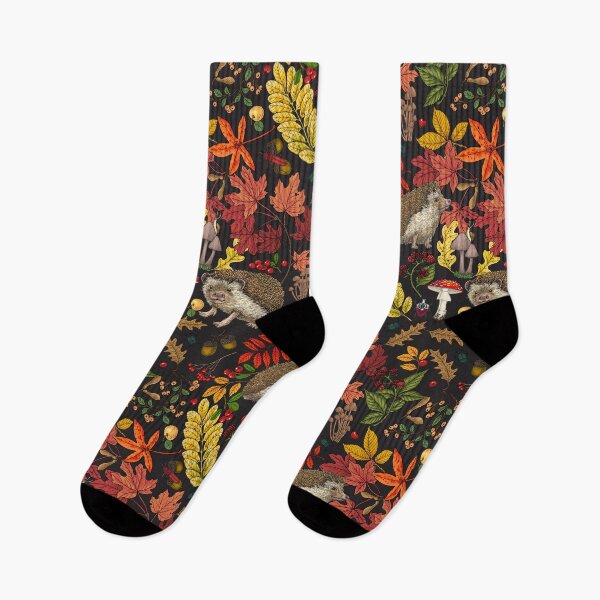 Item preview, Hedgehogs and autumn forest flora on black designed and sold by Katerina Mitkova Kirilova.