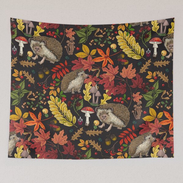 Item preview, Hedgehogs and autumn forest flora on black designed and sold by Katerina Mitkova Kirilova.