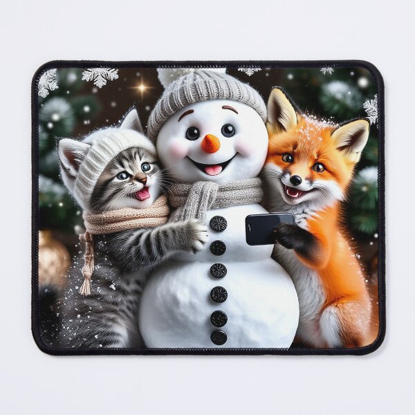 Item preview, Cute Snowman Selfie with Kitten and Fox – Christmas Friends Art designed and sold by AmetistLight.