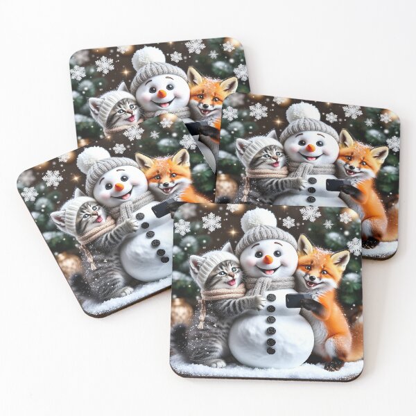 Item preview, Cute Snowman Selfie with Kitten and Fox – Christmas Friends Art designed and sold by AmetistLight.