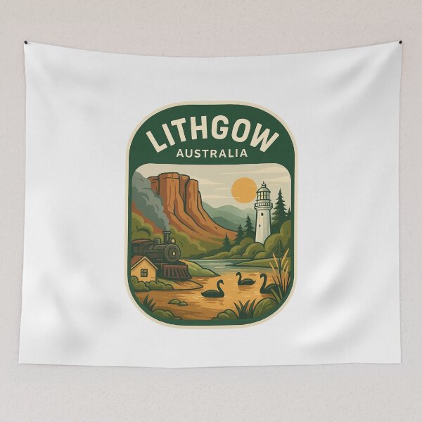 Item preview, Lithgow Mountains with Steam Train and Lighthouse designed and sold by Aryabek.