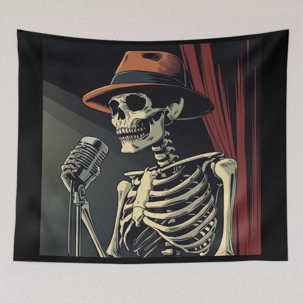 Item preview, Vintage Retro Comic Styled Skeleton in Hat with a Microphone Design designed and sold by MiloOfficial.