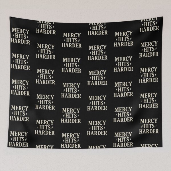 Item preview, Mercy Hits Harder – Christian Bold Statement Typography (Vintage Cream on Black) designed and sold by astersgraphics.