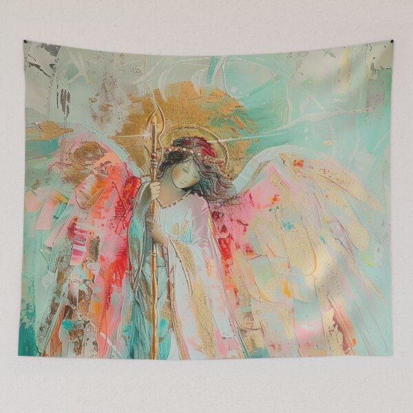 Item preview, Golden Guardian Angel – Abstract Poster in soft pastel colors designed and sold by Seelenzauberart.