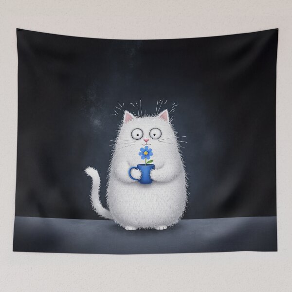 Item preview, Bright White Kitty with a Tiny Blue Flower designed and sold by Whimsical Hug.