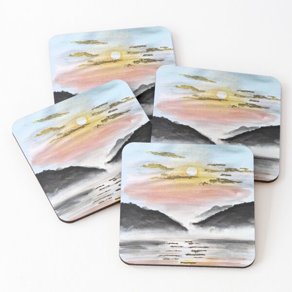 Item preview, Summer Sunrise over Misty Mountains and Lake – Watercolor Landscape designed and sold by kkjustpaint.