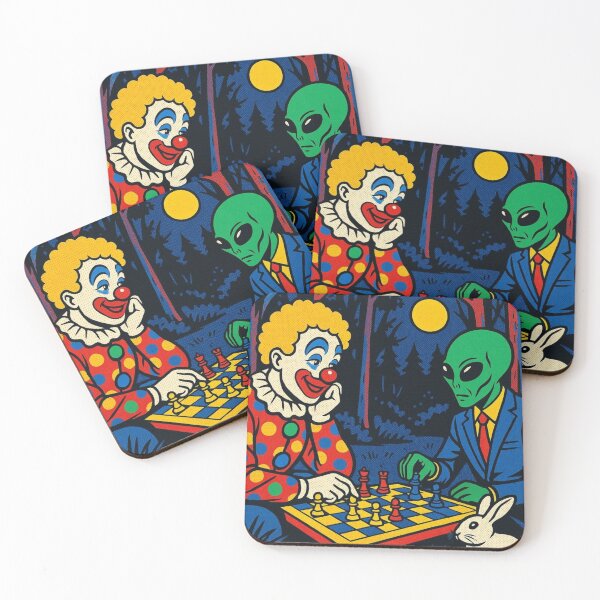 Item preview, "Surreal Chess Duel: Clown vs Alien in Moonlit Forest" designed and sold by Dogandesighn.