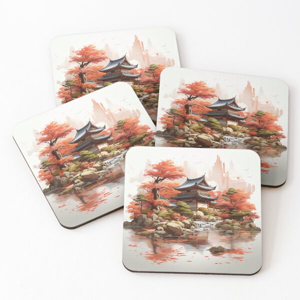 Item preview, Tranquil Japanese Village: Autumn Maples Digital Painting designed and sold by PaintbrushPlace.