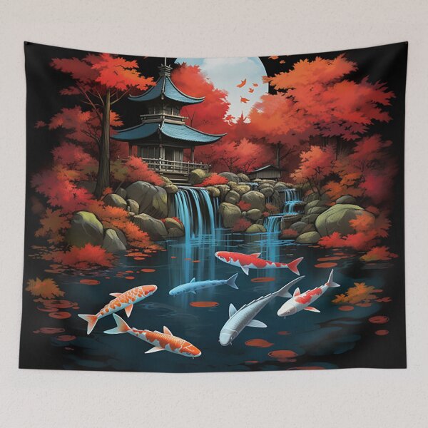 Item preview, Tranquil Autumn: Digital Painting of Japanese Village & Koi Fish designed and sold by PaintbrushPlace.