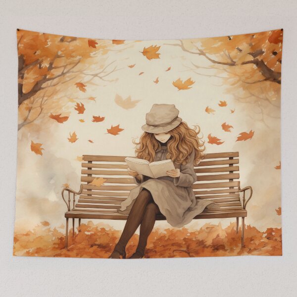 Item preview, Autumn Reading Girl – Cozy Fall Illustration on Park Bench designed and sold by PaintbrushPlace.