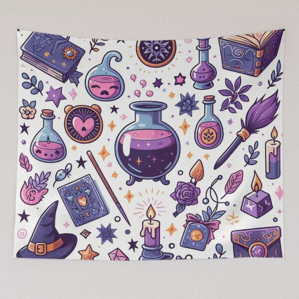 Item preview, Purple witchcraft potions and spell books pattern designed and sold by BigBlueArt.