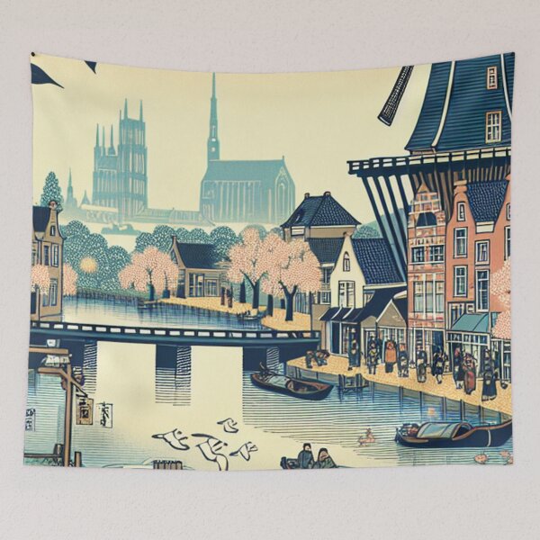 Item preview, Ukiyo-e Woodblock Print of Breda, Netherlands – Edo-Style Dutch Canal Landscape designed and sold by Vandy Fullam.