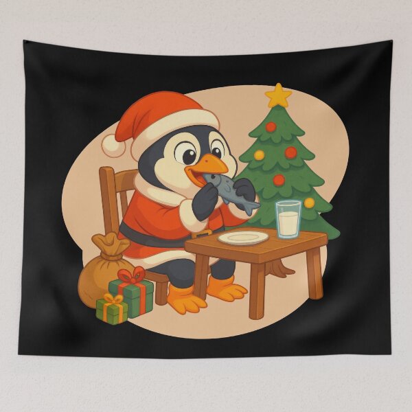 Item preview, Cute Santa Penguin Eating Fish – Surprising Christmas Cartoon Illustration Gift designed and sold by EM&Maker.