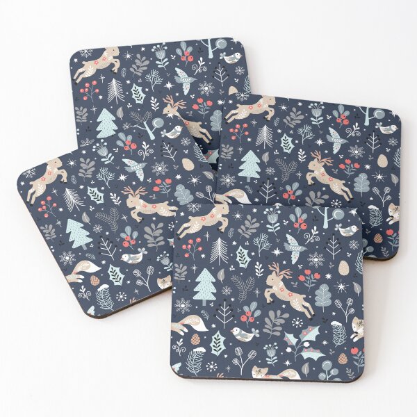 Item preview, Christmas festive holiday scandi winter wonderland blue reindeer fox berries birds designed and sold by Nicola-Rowe.