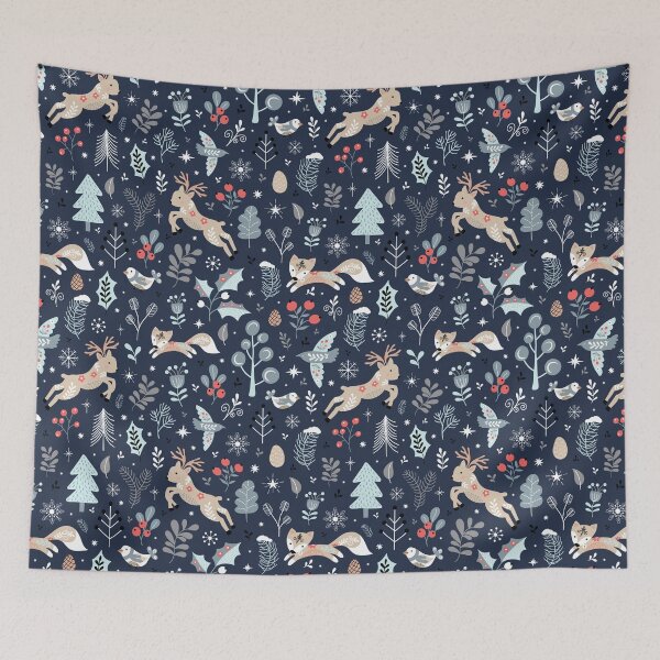 Item preview, Christmas festive holiday scandi winter wonderland blue reindeer fox berries birds designed and sold by Nicola-Rowe.