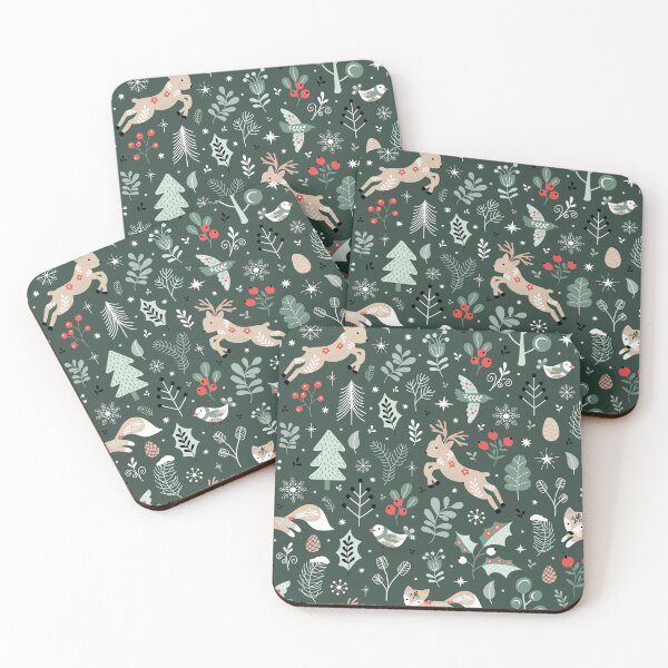 Item preview, Christmas festive holiday scandi winter wonderland forest green reindeer fox berries birds designed and sold by Nicola-Rowe.