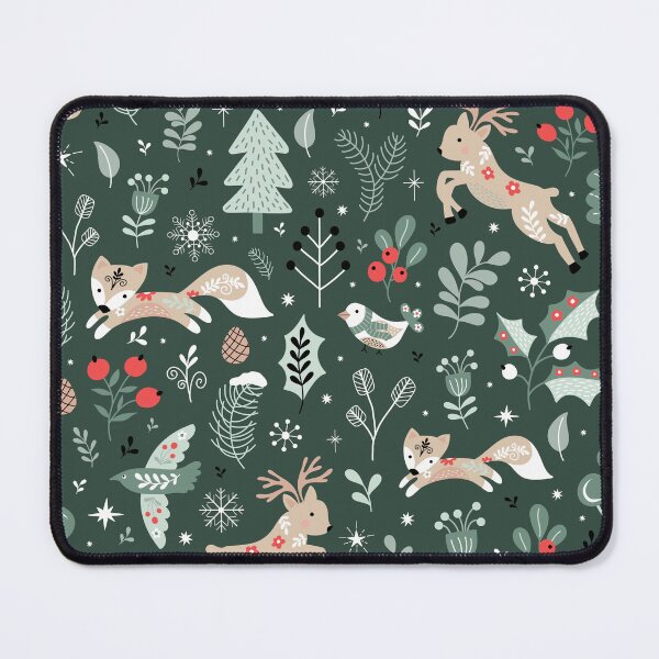 Item preview, Christmas festive holiday scandi winter wonderland forest green reindeer fox berries birds designed and sold by Nicola-Rowe.