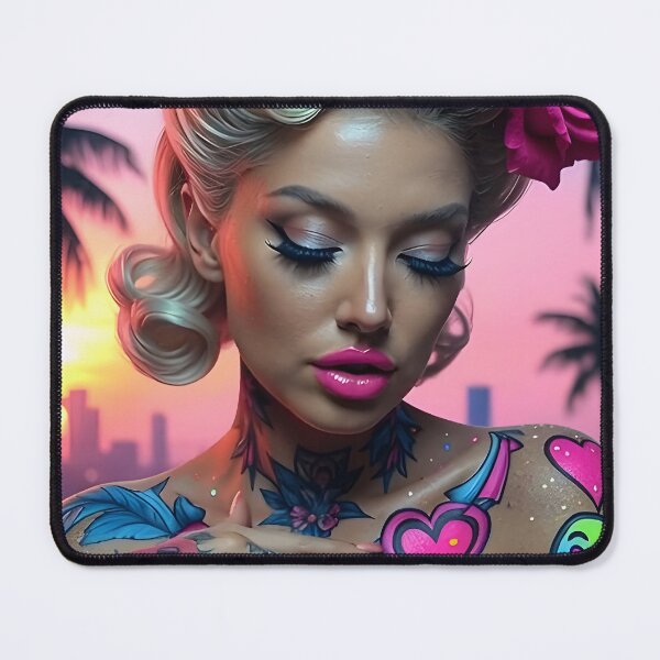 Item preview, Neon Pin-Up Queen - Vibrant Tattoo Sunset Glamour Portrait designed and sold by AiDigitalSanctum.