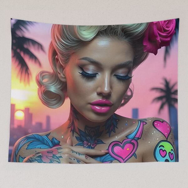 Item preview, Neon Pin-Up Queen - Vibrant Tattoo Sunset Glamour Portrait designed and sold by AiDigitalSanctum.