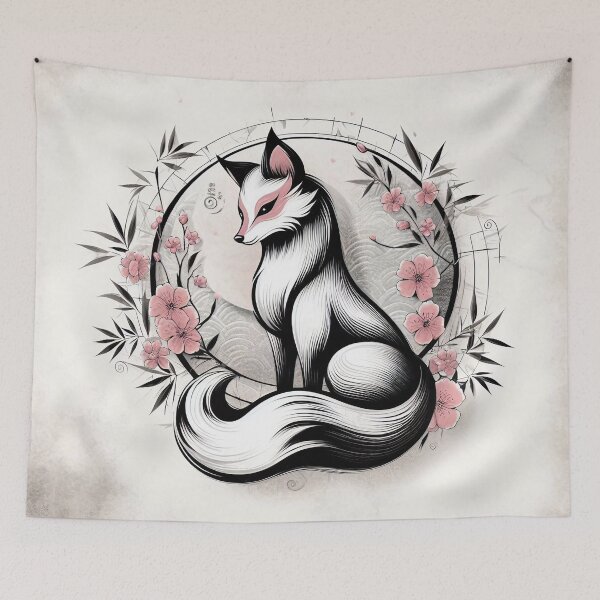 Artikelvorschau, Japanischer Kitsune-Fuchs mit Kirschblüten entworfen und verkauft von BigBlueArt.