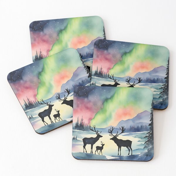 Item preview,  Christmas Landscape Watercolor  Aurora Borealis, Northern Lights, Moose, Reindeer, Deer designed and sold by KolorellaS.