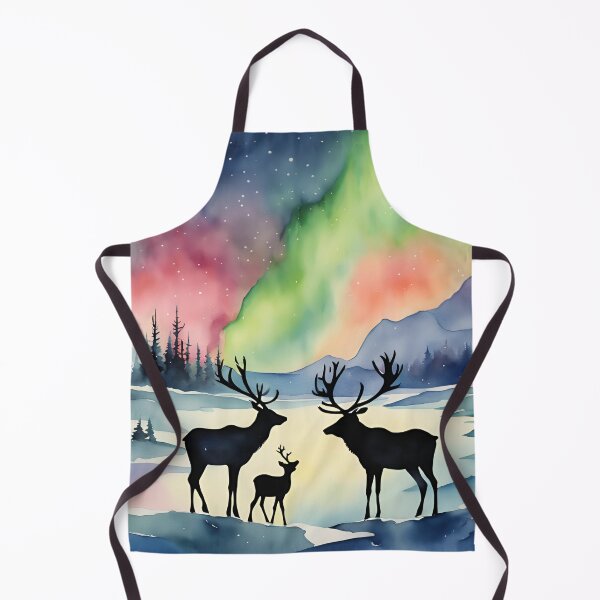 Artikelvorschau, Weihnachtslandschaft in Aquarell: Aurora Borealis, Nordlichter, Elch, Rentier, Hirsch entworfen und verkauft von KolorellaS.