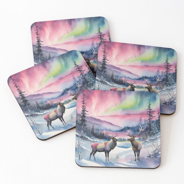 Item preview,  Christmas Landscape Watercolor  Aurora Borealis, Northern Lights, Moose, Reindeer, Deer designed and sold by KolorellaS.