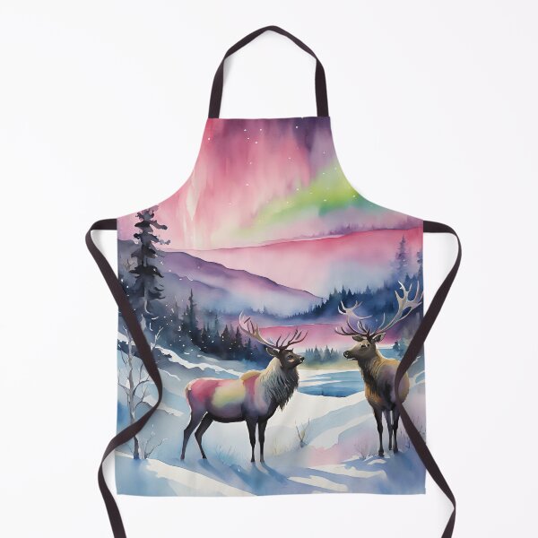 Artikelvorschau, Weihnachtslandschaft in Aquarell: Aurora Borealis, Nordlichter, Elch, Rentier, Hirsch entworfen und verkauft von KolorellaS.