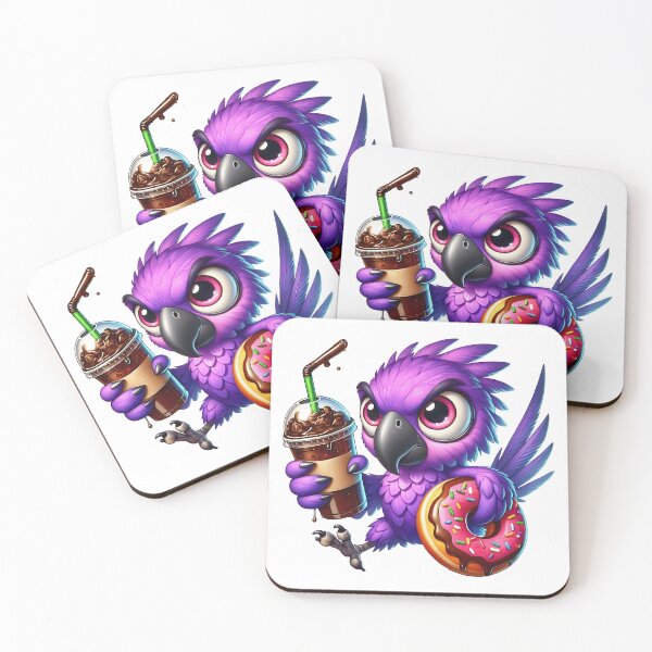 Item preview, Purple Parrot with Iced Coffee and Donut – Cute Caffeine Bird Art designed and sold by Lulunza.