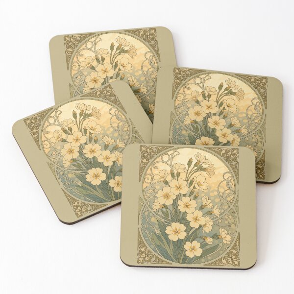 Aperçu de l'œuvre Primevères, fleurs d'anniversaire de février, style Art nouveau créée et vendue par taiche.