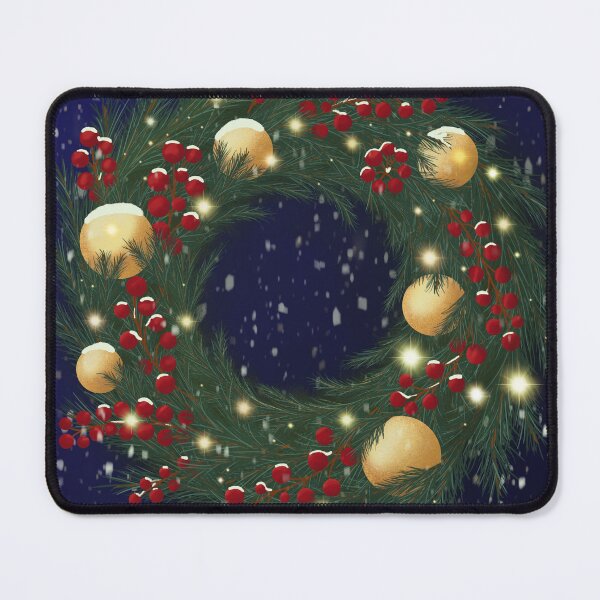 Item preview, Christmas wreath with pine branches red berries and golden baubles on dark blue snowy background designed and sold by RybkaArt.