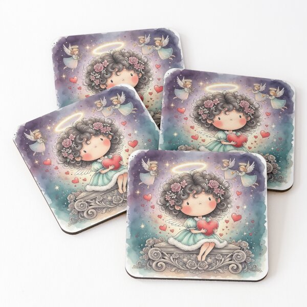 Item preview, Cute Angel Girl With Curly Hair Holding Red Heart – Kawaii Heaven Illustration designed and sold by Pixel Pout.